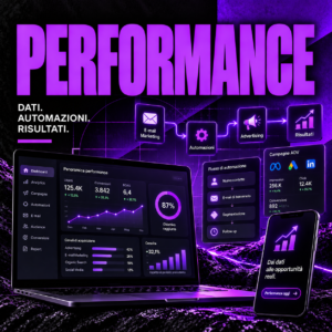 Hero del prodotto Soluzioni Performance Bertoli® con workstation dedicata al performance marketing. L'immagine mostra una dashboard con KPI e report, campagne advertising, email marketing, analisi delle performance e strumenti di monitoraggio, rappresentando il Metodo Bertoli® orientato alla crescita del business attraverso dati e strategie digitali.