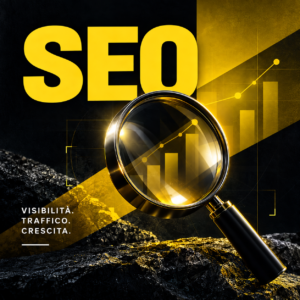 Hero della Soluzione SEO Bertoli® con dashboard di performance SEO, grafici di crescita, lente di ingrandimento e messaggio "Visibilità che genera crescita".