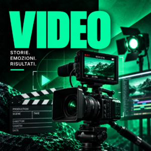 Hero della Produzione Video Bertoli® con videocamera professionale Sony su gimbal Ronin, drone DJI, workstation di montaggio e strumenti di produzione video. Immagine dedicata ai servizi di video marketing e comunicazione aziendale del Metodo Bertoli® Production.